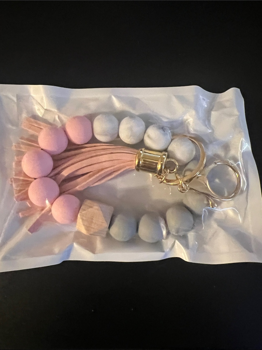 Pink and Gray Beaded Tassel Keychain